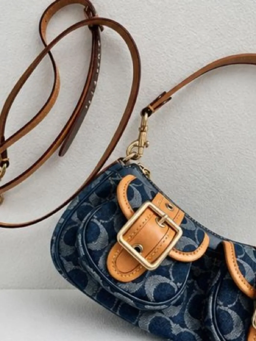Coach Navy Signature Canvas Shoulder Bag with Tan Leather Strap